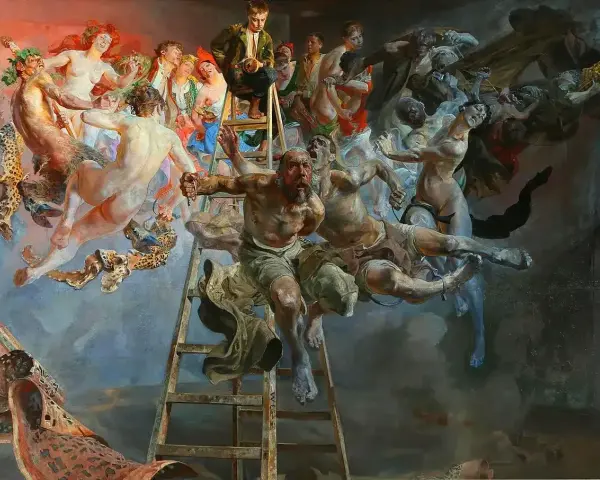 Wernyhora, otoczony przez postacie z mitologii i historii, wspina się po drabinie ku światłu, symbolizując wizję przyszłości.