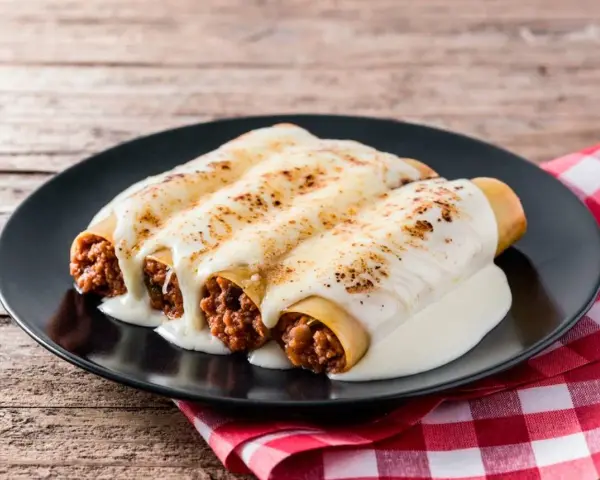 Canelones de carne picada cubiertos de queso fundido, servidos en un plato negro sobre una mesa de madera rústica.
