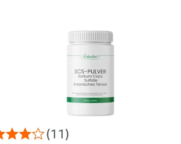 Biały pojemnik z zielonym logo Nakobe, zawierający proszek Sodium Coco Sulfate. Produkt ma 800g.