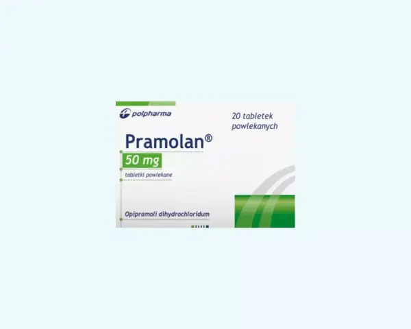 Opakowanie leku Pramolan 50 mg, 20 tabletek powlekanych. Stosowany na depresję i lęk.