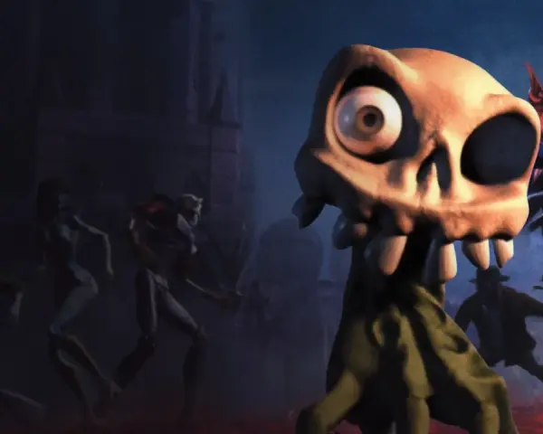 Strach i groza w remake'u Medievil 2. Czaszka z wielkim okiem patrzy na armię zombie i demona z piorunami.