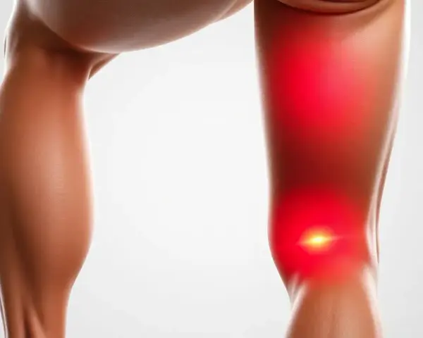 Muskulös underben och lår med röd glöd över knät, som visar smärta vid en nordic hamstring curl.