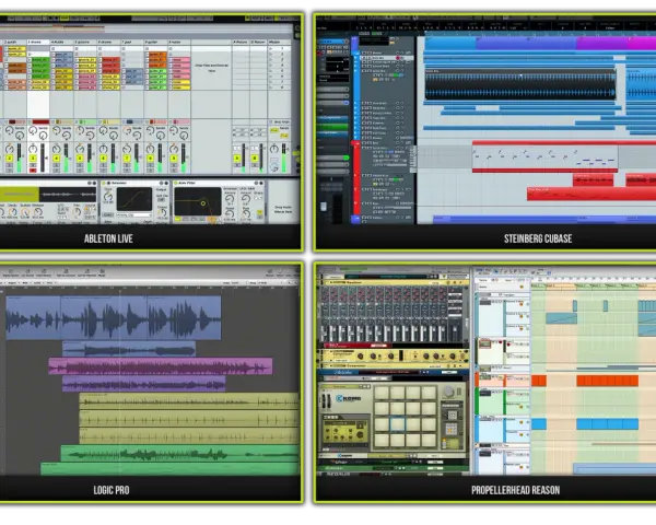 Ableton Live, Cubase, Logic Pro, Reason - cztery programy do produkcji muzyki. Widzimy tu ścieżki audio, MIDI i wirtualne instrumenty. Midi co to? To format zapisu nut, który steruje instrumentami.