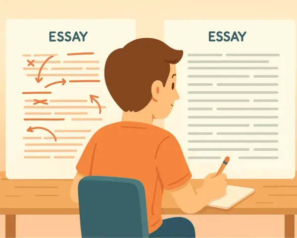 Un estudiante se sienta a una mesa, con un ensayo a la izquierda marcado con correcciones y otro a la derecha listo para escribir.