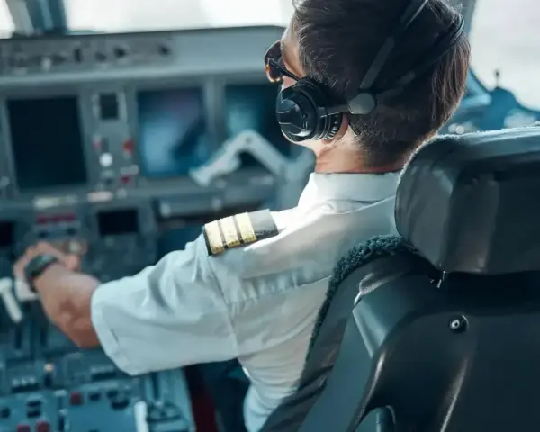 Pilot w słuchawkach i okularach siedzi w kokpicie samolotu, trzymając ręce na sterach.