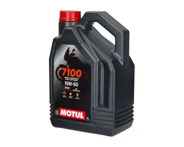 Czarny kanister z olejem Motul 7100 15W-50. Idealne zastosowanie dla motocykli sportowych i turystycznych, zapewniający ochronę silnika.