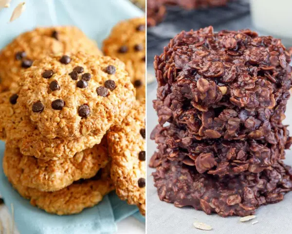 Dos tipos de galletas de avena y chocolate: unas doradas con chispas de chocolate y otras oscuras y húmedas.