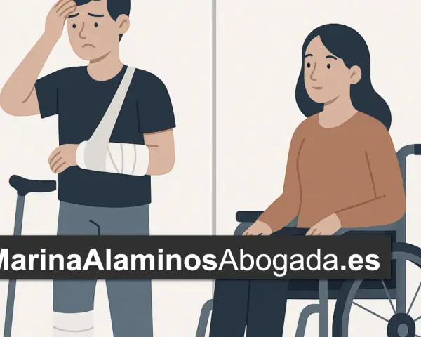 Hombre con brazo en cabestrillo y muleta, y mujer en silla de ruedas.