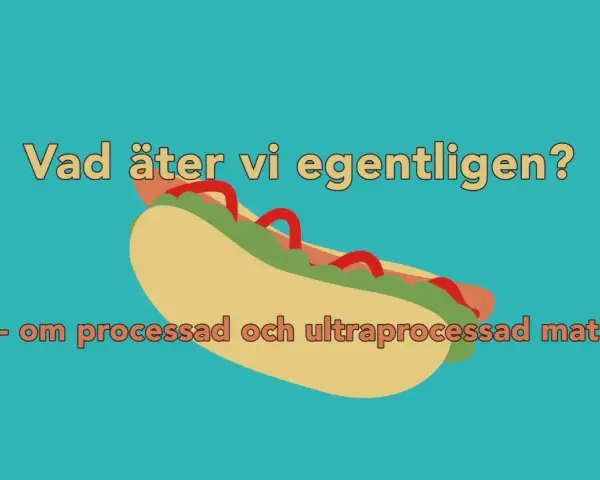 En illustration av en korv med bröd, med texten "Vad äter vi egentligen? - om processad och ultraprocessad mat".