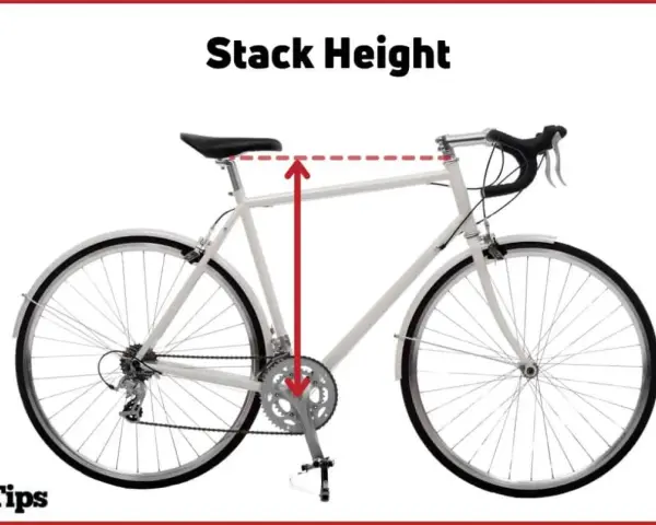 Diagram illustrating the stack height of a bike, showing the vertical distance from the bottom bracket to the top of the head tube.