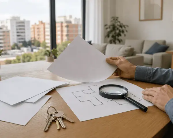 Hombre revisa planos de un piso con lupa y llaves, investigando como saber si un piso tiene cargas.