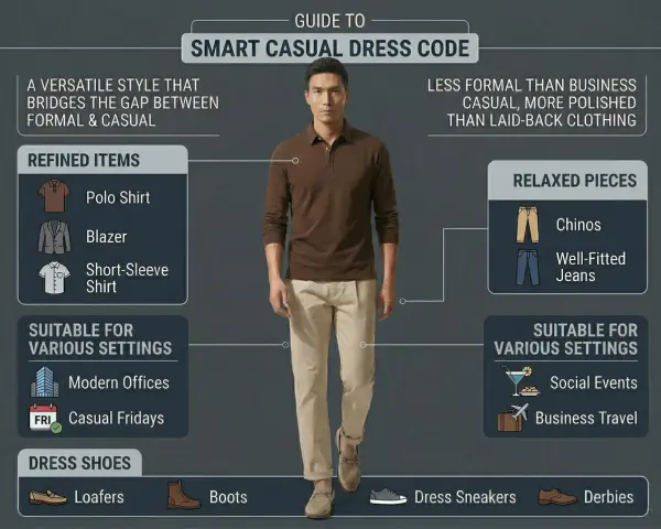 Guía de **smart casual dress code**: hombre con polo marrón y chinos beige. Ideal para oficinas modernas y eventos sociales.