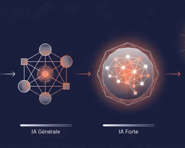 Evolución de la inteligencia artificial: IA débil, general, fuerte y superinteligente, representada por diagramas abstractos y un crecimiento exponencial.