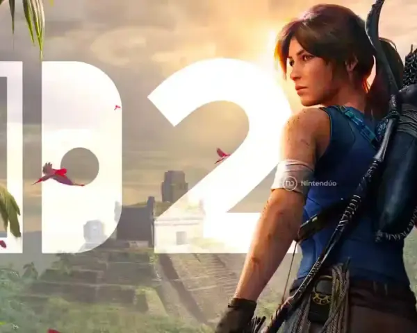 Lara Croft lista para la aventura en el **Tomb Raider Switch**. Ruinas antiguas y pájaros rojos en un paisaje selvático.