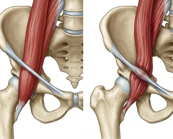 Anatomia biodra z widocznym mięśniem biodrowo-lędźwiowym, ilustrująca mechanizm zespołu trzaskającego biodra.