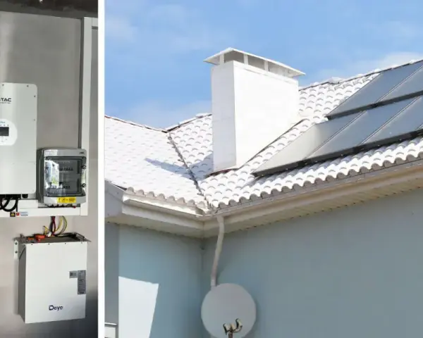 Instalacja OZE: panele słoneczne na dachu, falownik i akumulator na ścianie. To przyszłość energetyki!