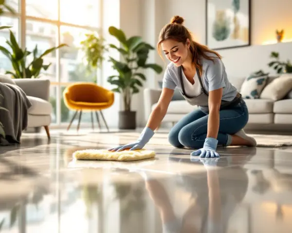 Une femme souriante, agenouillée, utilise une éponge jaune pour faire briller un lino terne dans un salon lumineux.