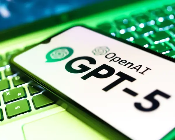 Ekran smartfona z logo OpenAI i napisem GPT-5 leży na podświetlanej zielonej klawiaturze.