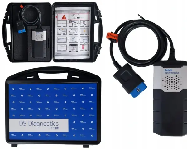 Zestaw Delphi DS Diagnostics: interfejs diagnostyczny, kabel, instrukcja i tablet.