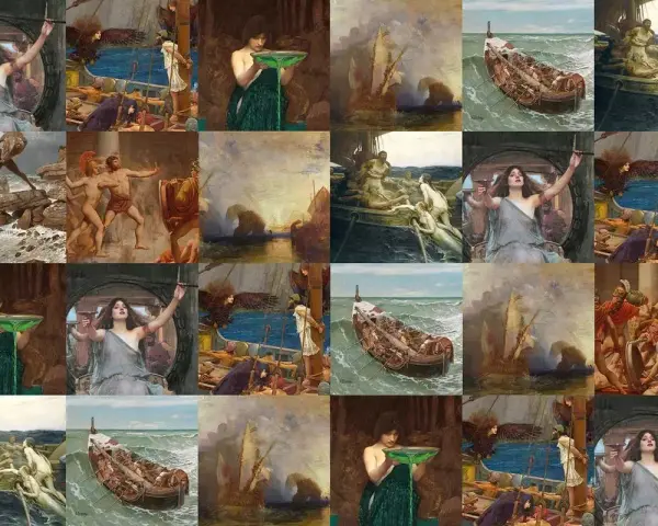 Collage d'œuvres d'art néoclassiques, dont des scènes maritimes, des figures mythologiques et des représentations de Galatée, évoquant le triomphe de Galatée.
