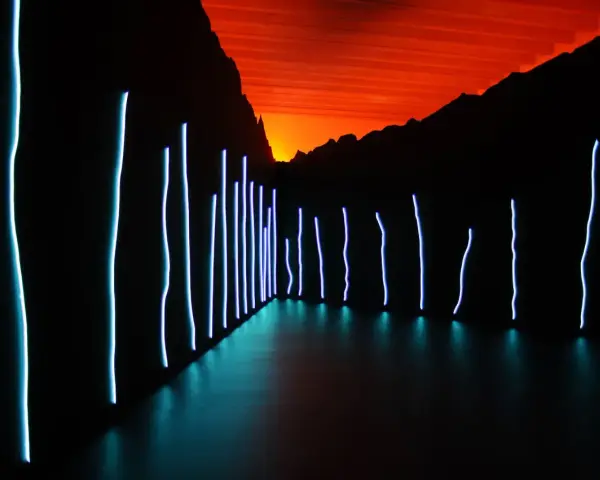 Installation lumineuse de Claude Lévêque, avec des néons bleus sur fond de ciel orangé et de montagnes sombres.