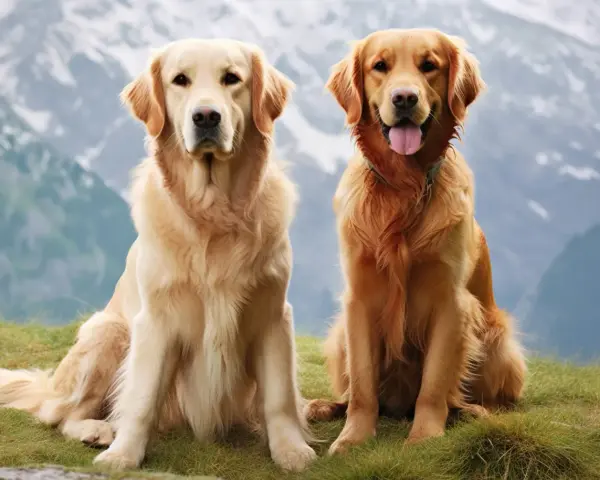 Dwa golden retrievery siedzące na trawie na tle gór.