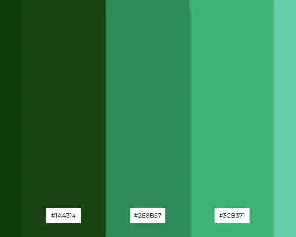 Cinco franjas verticales muestran una gama de tonos de verde, desde el verde bosque oscuro hasta un verde azulado claro, evocando la naturaleza.