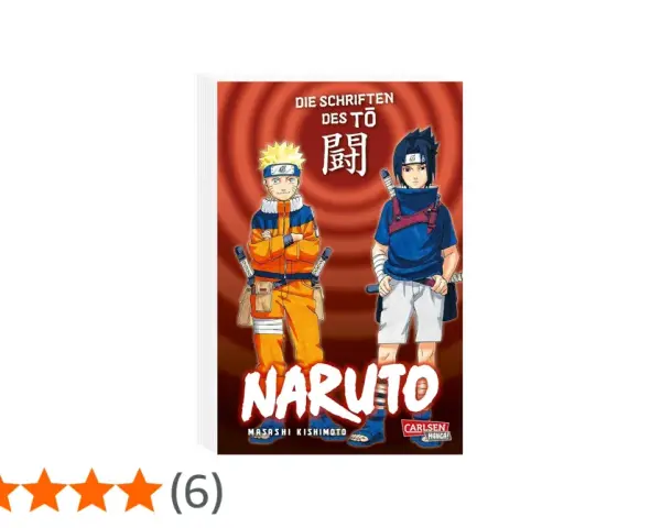 Naruto und Sasuke stehen vor einem roten Hintergrund. Naruto trägt seine orangefarbene Kleidung, Sasuke seine blaue.