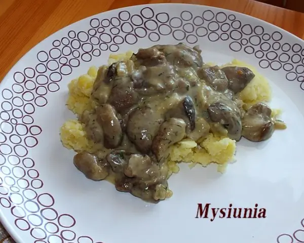Sos z maślaków z koperkiem na purée ziemniaczanym na białym talerzu z wzorem kółek.