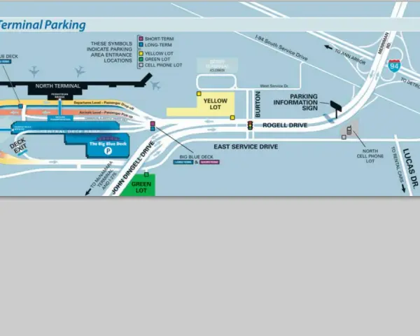 Mapa parkingu przy dtw airport: North Terminal, Big Blue Deck, Yellow Lot, Green Lot, Cell Phone Lot, Berry Terminal (zamknięty).