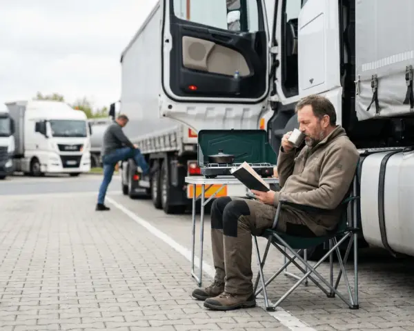 Kierowca odpoczywa przy ciężarówce, czytając książkę i pijąc kawę. Uważaj na mandat za skrócenie pauzy weekendowej!