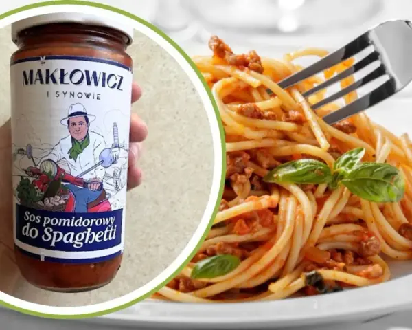 Sos pomidorowy Makłowicz i Synowie do spaghetti, gotowy do podania z domowym makaronem.