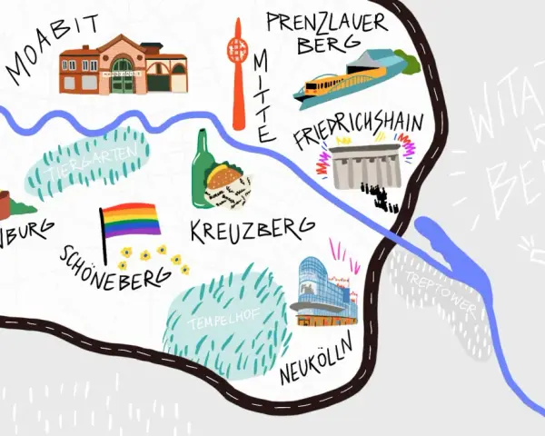 Mapa Berlina z zaznaczonymi dzielnicami i atrakcjami. Szukasz inspiracji, gdzie zjeść w Berlinie? Ta mapa pokazuje popularne miejsca.