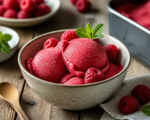 Himbeersorbet, das man einfach **sorbet selber machen ohne eismaschine** kann. Serviert in einer Schale mit frischen Himbeeren und Minze.