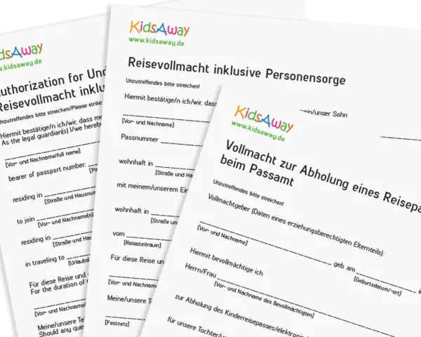 Mehrere Formulare von KidsAway, darunter eine Reisevollmacht für Kinder und eine Vollmacht zur Abholung eines Reisepasses.