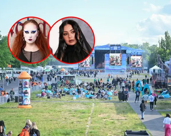 Dwie artystki na Orange Warsaw Festival, gdzie tłumy bawią się pod sceną.