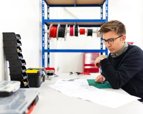 Młody mężczyzna w okularach analizuje dokumentację techniczną. Na stole leżą narzędzia, a w tle widać półkę z przewodami, co sugeruje pracę nad projektem z dziedziny plan bioz.