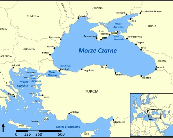 Mapa pokazuje, gdzie jest Morze Czarne, otoczone przez Ukrainę, Rosję, Gruzję, Turcję, Bułgarię i Rumunię.
