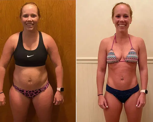 Woman's fitness journey: before and after, showcasing significant changes after using an assault bike.