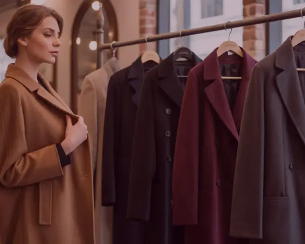 Donna osserva diversi tipi di cappotto in negozio: un cammello, un nero, un bordeaux e un grigio scuro.