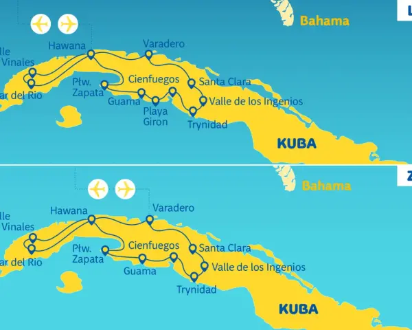 Mapa Kuby z zaznaczonymi trasami podróży latem i zimą. Gdzie jest Kuba? Na mapie widać Hawanę, Varadero, Pinar del Rio i inne miejsca.