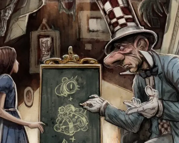 Alice en el asilo, observando al Sombrerero Loco dibujar extraños diagramas en una pizarra.