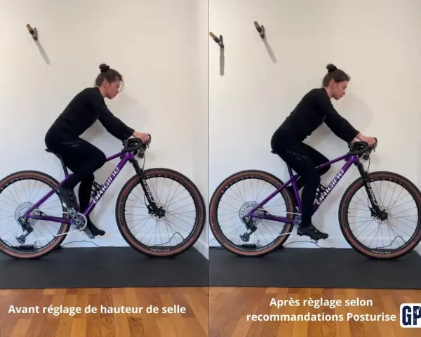 Comparaison avant/après du **tableau réglage position vélo**. La hauteur de selle est ajustée pour une meilleure posture.