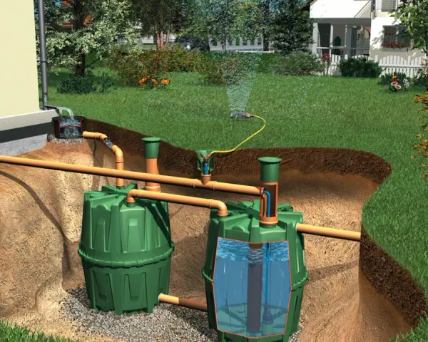 Regenwasser wird gesammelt und im Garten zur Bewässerung genutzt. Zwei grüne Tanks speichern das Wasser, das über Rohre vom Haus und aus dem Garten zugeführt wird.