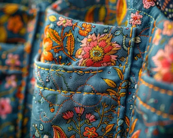 Gros plan sur des poches aux motifs floraux colorés. Différents types de poche, ornés de broderies vives sur fond bleu.