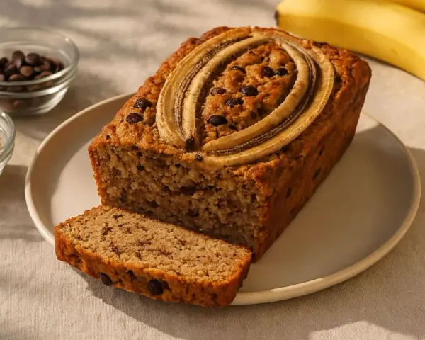 Ein saftiges Bananenbrot ohne Zucker, garniert mit Bananenscheiben und Schokostückchen. Daneben Schüsseln mit Nüssen und Schokodrops.
