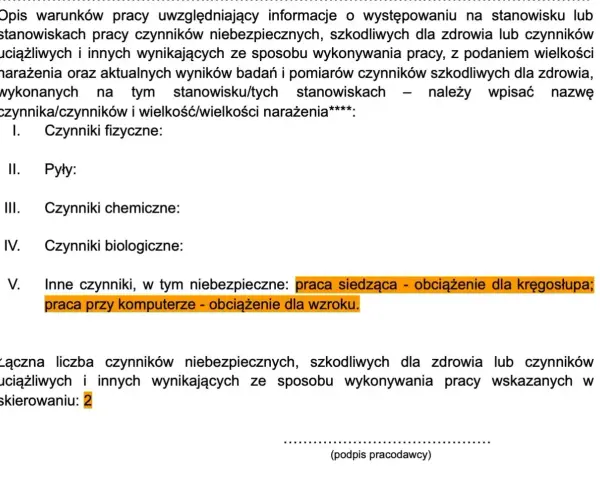 Wzór skierowania na badania lekarskie własna działalność: opis warunków pracy, czynniki szkodliwe (praca siedząca, komputer).