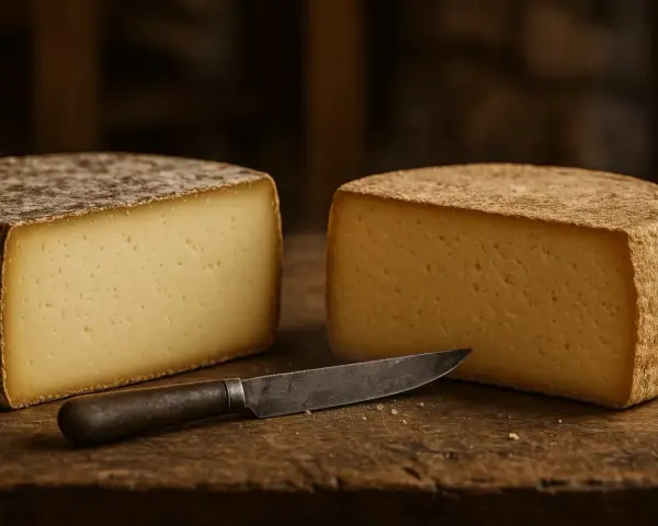 Deux belles tomes de fromage, coupées en deux, reposent sur une planche de bois. Un couteau ancien est posé entre elles.