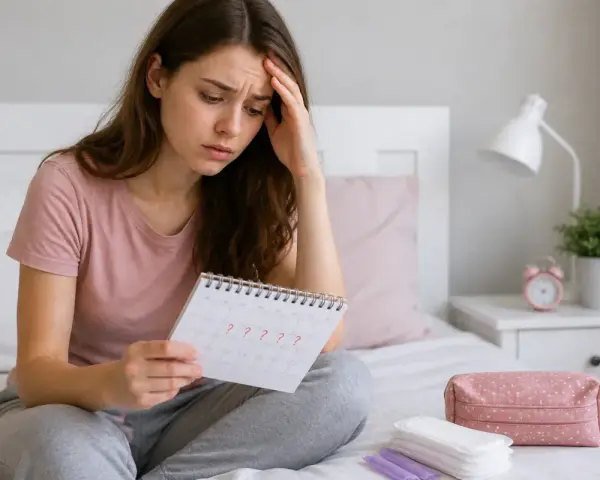 Zmartwiona kobieta patrzy na kalendarz z pytajnikami, zastanawiając się, kiedy będzie okres. Tydzień wcześniej też miała podobne wątpliwości.
