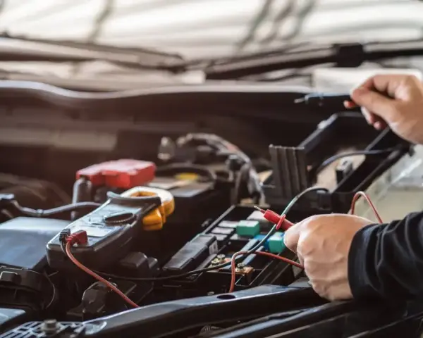 Mechanik sprawdza instalację elektryczną samochodu. Na zdjęciu widać multimetr i ręce trzymające sondy. Stojan z bezpiecznikami jest widoczny w tle.
